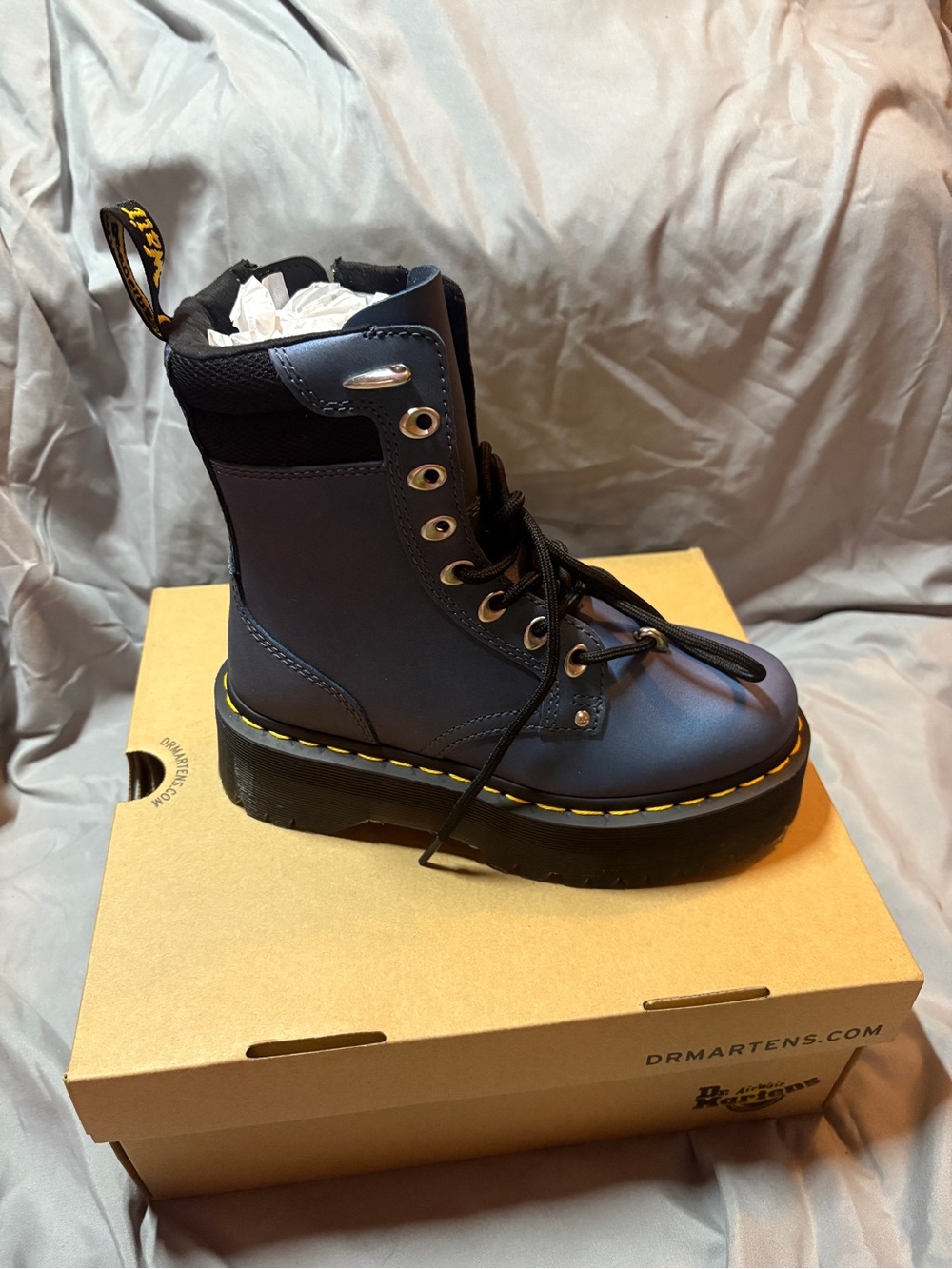 Dr. Martens Navy Blue Lace-Up Platform Boot with Yellow Stitching
